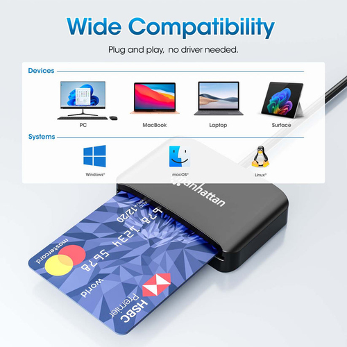 Manhattan Contact Portable Smart Card Reader - Black - Banking, Healthcare, Government, Time and Attendance, Desktop, Note
