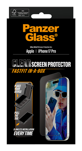 PanzerGlass ® Screen Protector iPhone 17 Pro | Ultra-Wide Fit w. FASTFIT IN-A-BOX. Brand compatibility: Apple, Compatibili