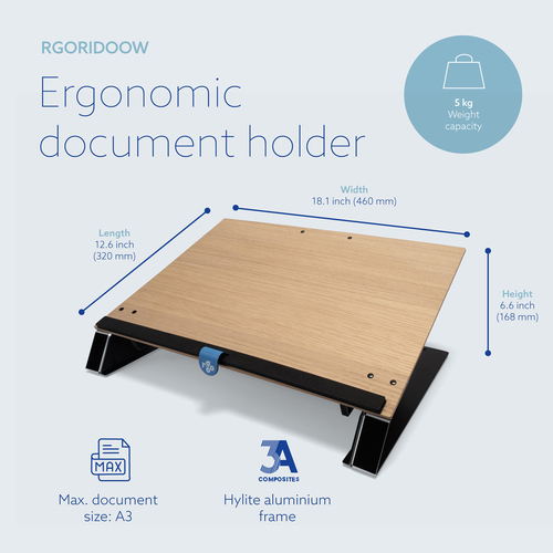 R-Go Read2Write Dokument Dokumentenhalter - Unterstützung 297 mm x 420 mm Medien - 168 mm x 460 mm x - Aluminium, Oak Wood