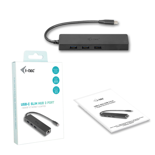 i-tec Advance USB-C Slim Passive HUB 3 Port + Gigabit Ethernet Adapter. Product colour: Black, LED indicators: LAN, Chipse