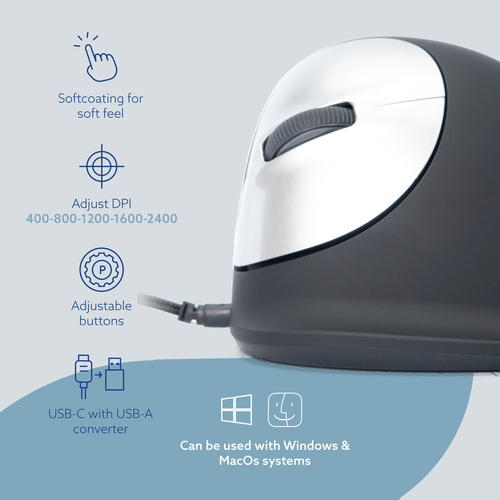 R-Go HE Break Vertical mouse Maus - USB Typ-A - Optisch - 5 Taste(n) - Schwarz - Kabel - 2400 dpi Auflösung - Scroll-Rad -