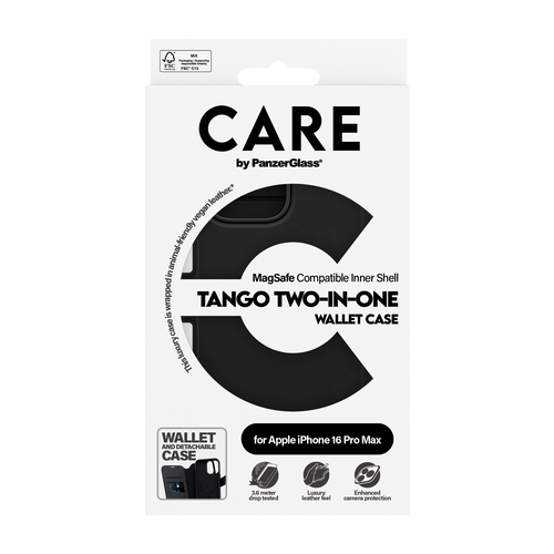 PanzerGlass CARE™ by ® Tango 2-in-1 Wallet Case w. MagSafe iPhone 16 Pro Max. Case type: Cover, Brand compatibility: Apple