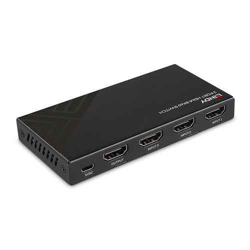 Lindy 3 Port HDMI 8K60 Switch. Video port type: HDMI, USB port type: Micro-USB. Product colour: Black, Supported video mod