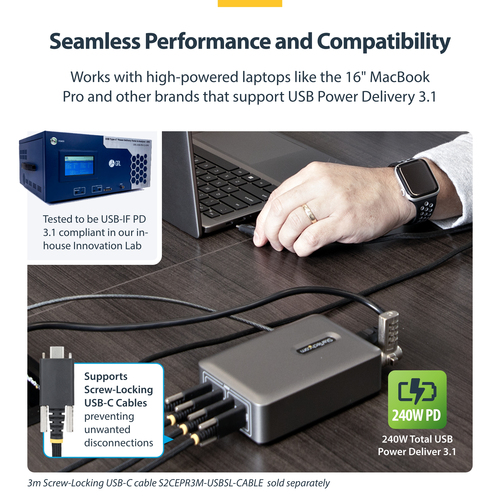 StarTech.com 4-Port Multi-Device USB-C Charger, 240W Total, Single Port 140W EPR, Screw Locking Ports, Ideal for Boardroom