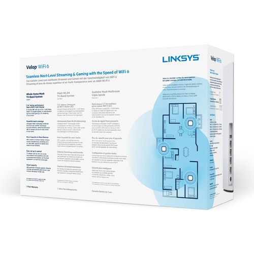 Linksys Velop Whole Home Intelligent Mesh WiFi 6 (AX4200) System, Tri-Band, 2-pack. Product colour: White, Antenna type: I