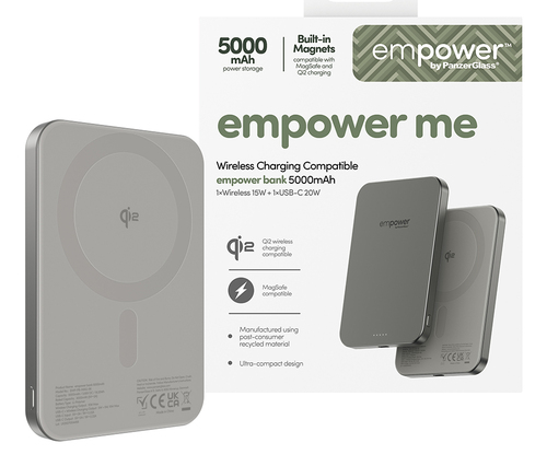 PanzerGlass empower Power Bank - Titanium - For iPhone, Qi-enabled Device - 1 x Type-C 20W - 5000 mAh - 20 W - USB Type-C 