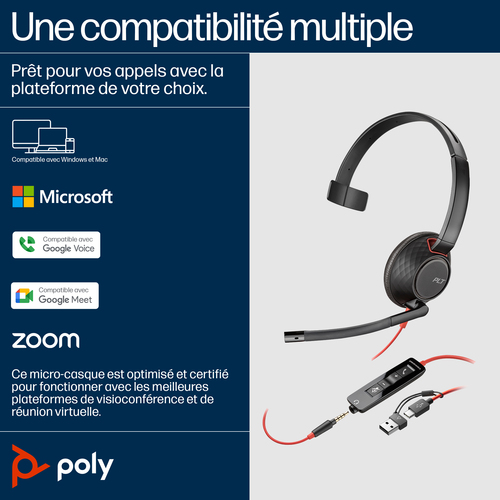 HP Poly Blackwire 5210 Monaural USB-C Headset +3.5mm Plug +USB-C/A Adapter. Product type: Headset. Connectivity technology