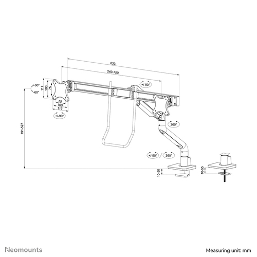 Neomounts NEXT One Mounting Arm for Monitor, Display - Black - Height Adjustable - 2 Display(s) Supported - 43.2 cm to 68.