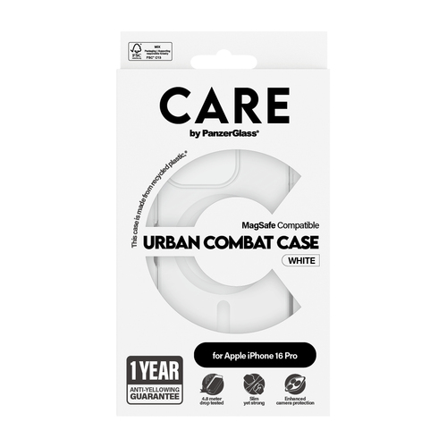 PanzerGlass CARE™ by ® Urban Combat Case Transparent w. White MagSafe iPhone 16 Pro. Case type: Cover, Marke-Kompatibilitä