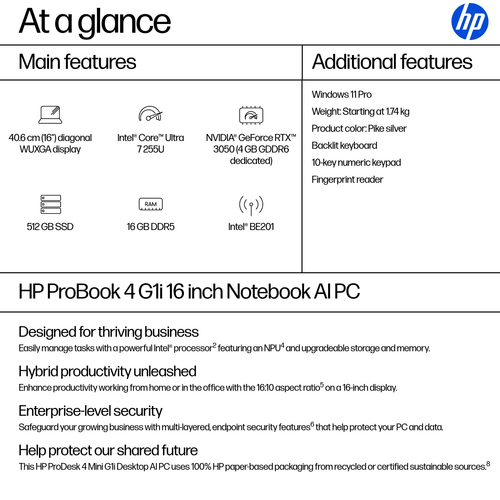 HP ProBook 4 G1i AI PC. Product type: Laptop, Form factor: Clamshell. Processor family: Intel Core Ultra 7, Processor mode