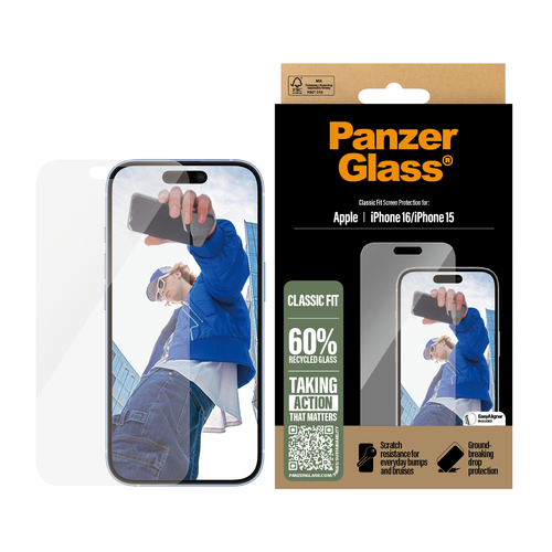 PanzerGlass Classic Fit Screen Protector for iPhone 16, iPhone 15 - For OLED iPhone 16, iPhone 15 - Scratch Resistant, Sho