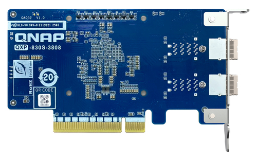 QNAP QXP-830S-3808. Hostschnittstelle: PCIe, Ausgangsschnittstelle: Mini-SAS. Produktfarbe: Mehrfarbig, Kühlung: Aktiv, An