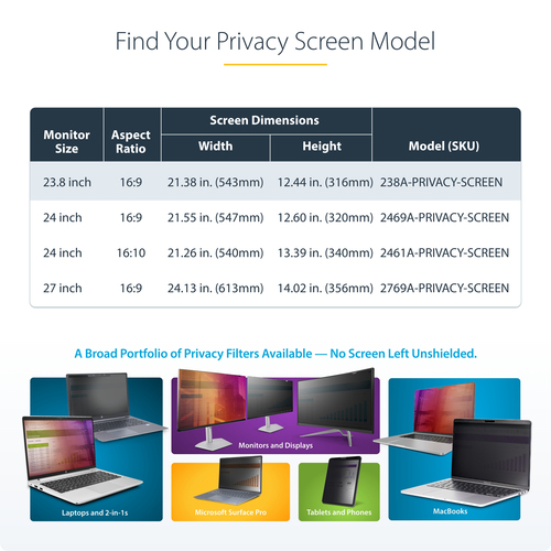 StarTech.com 238A-PRIVACY-SCREEN. Maximale Bildschirmgröße: 60,5 cm (23.8"). Seitenverhältnis: 16:9. Geeignet für: Monitor