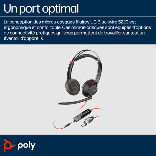 HP Poly Blackwire 5220 Stereo USB-C Headset +3.5mm Plug +USB-C/A Adapter. Product type: Headset. Connectivity technology: 