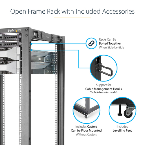 StarTech.com 42U Adjustable Depth Open Frame 4 Post Server Rack Cabinet - Flat Pack w/ Casters, Levelers and Cable Managem