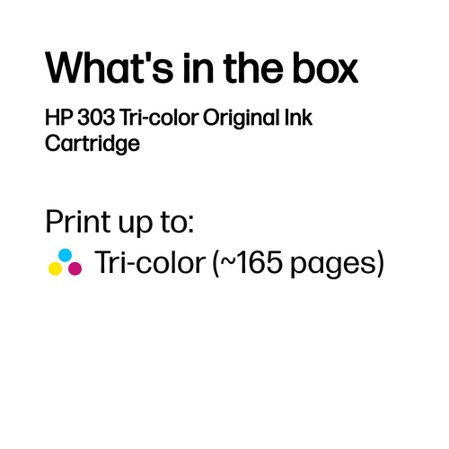 HP 303 Tri-color Original Ink Cartridge. Colour ink page yield: 165 pages, Printing colours: Cyan, Magenta, Yellow, Quanti