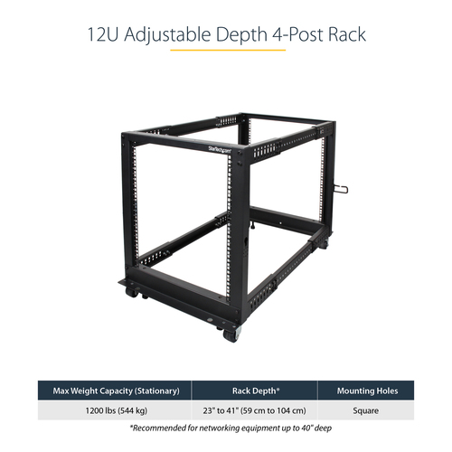 StarTech.com 12U Adjustable Depth Open Frame 4 Post Server Rack w/ Casters / Levelers and Cable Management Hooks - Steel, 