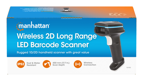 Manhattan Wireless 2D Handheld Barcode Scanner, 250mm Scan Depth, up to 80m effective range (line of sight), Max Ambient L