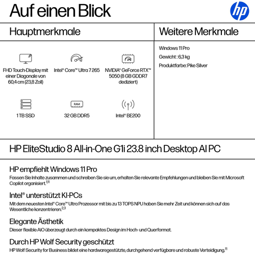 HP EliteStudio 8 All-in-One G1i 23.8 inch Desktop AI PC. Bildschirmdiagonale: 60,5 cm (23.8"), HD-Typ: Full HD, Display-Au