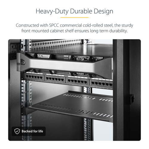 StarTech.com 1U Rack-mountable Rack Shelf for Rack, Networking - Black - SPCC, Steel - 19.96 kg Maximum Weight Capacity