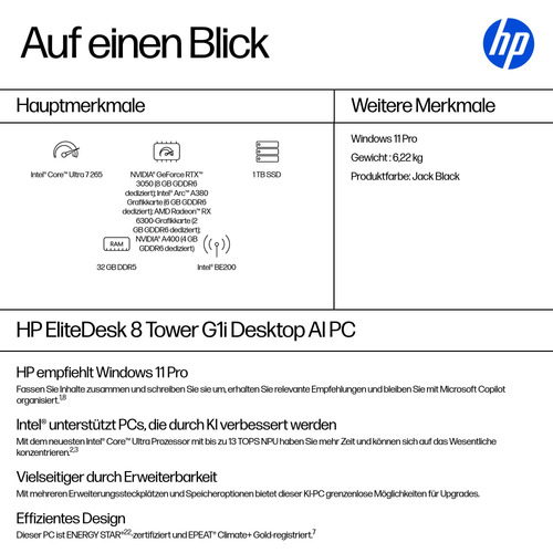Desktop Computer HP EliteDesk 8 G1i - Intel Core Ultra 7 Serie 2 265 - vPro-Technologie - 32 GB - 1 TB PCI Express NVMe SS