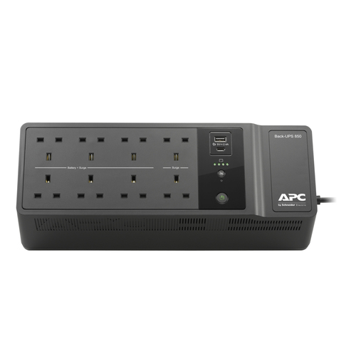 APC Back-UPS BE850G2-UK - 8x BS 1363 outlets, 850VA, 2 USB chargers, 1 USB data port. UPS topology: Standby (Offline), Out