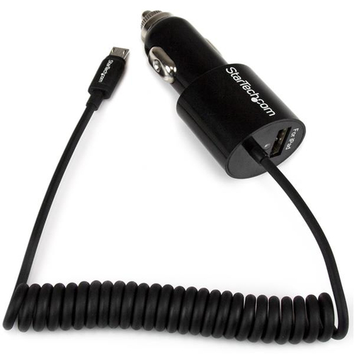 StarTech.com Dual-Port Car Charger - USB with Built-in Micro-USB Cable - Black. Charger type: Auto, Power source type: Cig