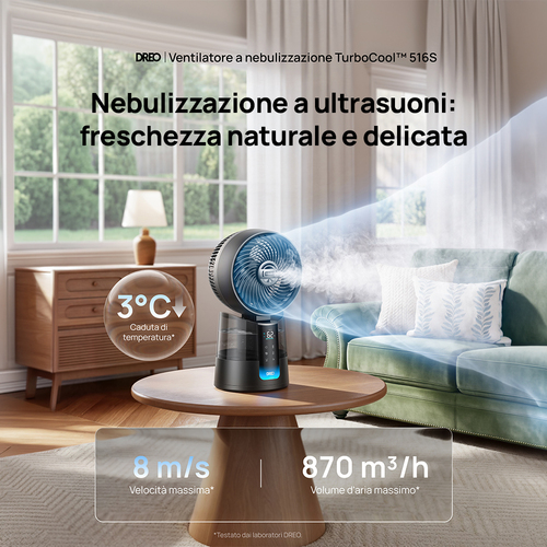 Dreo TurboCool 516S – Ventilatore Nebulizzatore Smart 3-in-1 con Raffrescamento a Ultrasuoni – Flusso d'Aria 8 m/s, Autono