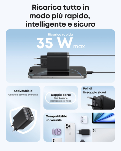 Adattatore corrente ANKER Nano - 35 W - Adattatore universale - 2 USB di tipo C - Per iPhone, iPad - 70 cm Cavo - Nero