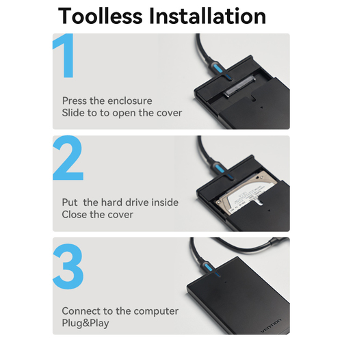 Vention 2.5 Inch SATA Hard Drive Enclosure (USB 3.0 Micro-B) Black. Product type: HDD enclosure. Number of storage drives 