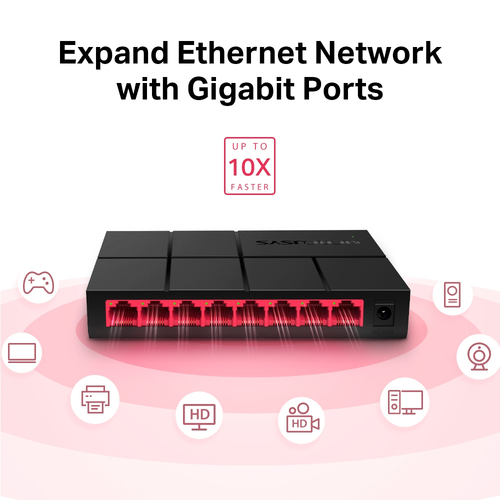 Mercusys MS108G 8 Ports Ethernet Switch - Gigabit Ethernet - 10/100/1000Base-T - 2 Layer Supported - Twisted Pair - Desktop