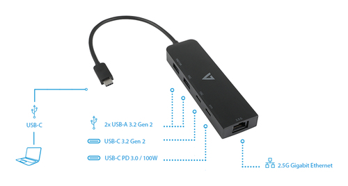 V7 V7UCRJ25GHUB-BLK. Interface do host: USB 3.2 Gen 1 (3.1 Gen 1) Type-C, Interfaces de hub: RJ-45, USB 3.2 Gen 1 (3.1 Gen