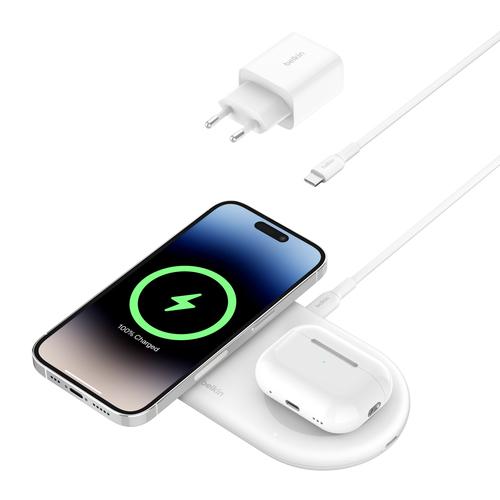 Belkin BoostCharge Pro Induction Charger - White - For Qi2-enabled Device, AirPod, iPhone - Input connectors: USB - Batter