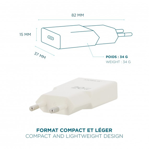 MOBILIS Energia 20 W AC Adapter - Universal Adapter - 1 USB Type-C - For Smartphone, Tablet PC - Europe - White