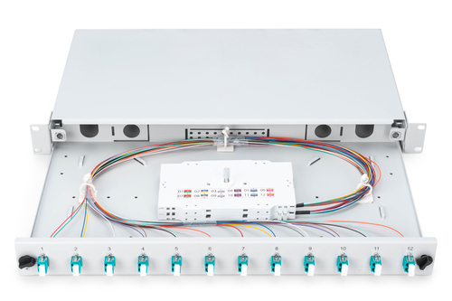 Digitus Fiber optic splice box, 1U, equipped, 12x LC DX, OM3. Connector type: LC, Product colour: Grey, Housing material: 