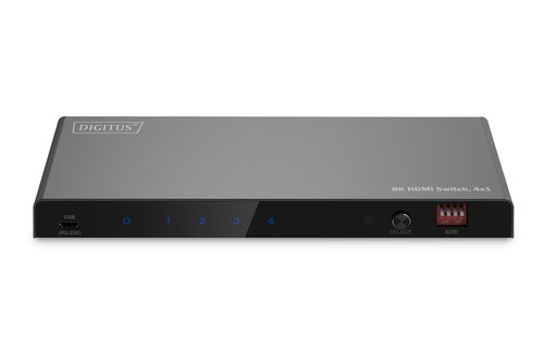 Digitus 8K HDMI Switch, 4x1. Video Porttyp: HDMI, USB-Port-Typ: Mikro-USB. Material: Metall, Produktfarbe: Schwarz, Maxima