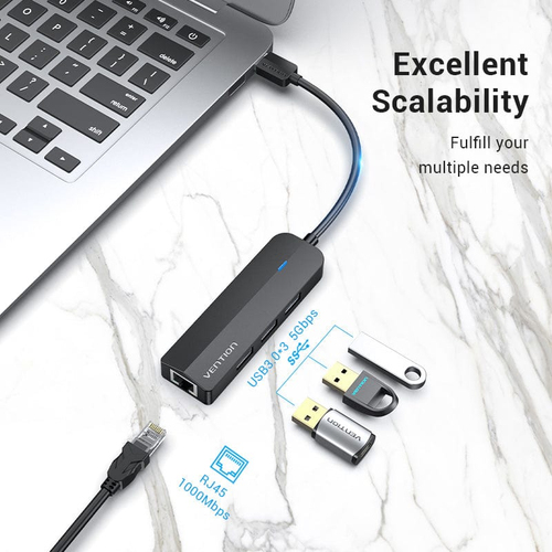 Vention CHNBB USB/Ethernet Combo Hub - USB 3.0 - 640 MB/s - Desktop, Smartphone, Hard Drive, Mouse - Portable - Black - 4 