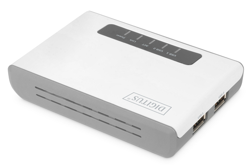 Digitus 2-Port USB 2.0 Wireless Multifunktions-Netzwerk Server, 300 Mbps. Produktfarbe: Weiß, LED-Anzeigen: Link, Leistung