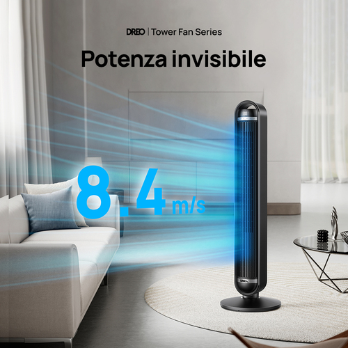 Dreo Ventilatore a Torre Ultra Silenzioso, 25dB, Potente 8 m/s, Ventilatori a Colonna con Telecomando, 4 Modalità, 8 Livel