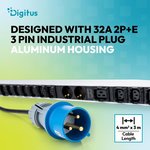 Digitus Basis IT PDU, single-phase 32 A, 24 x C13, 2 x C19, 4 x grounded outlets, 3 m power cord, IEC 60309 32 A plug. PDU