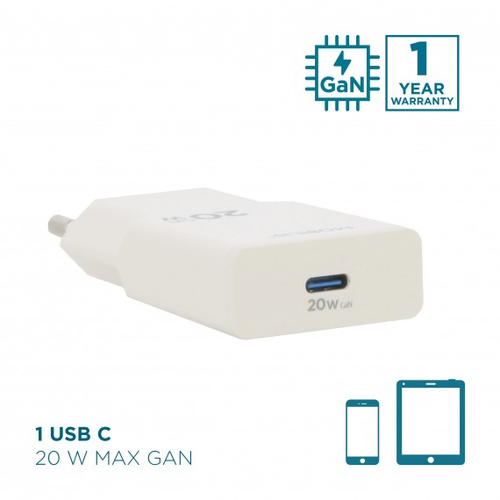 MOBILIS Energia 20 W AC Adapter - Universal Adapter - 1 USB Type-C - For Smartphone, Tablet PC - Europe - White