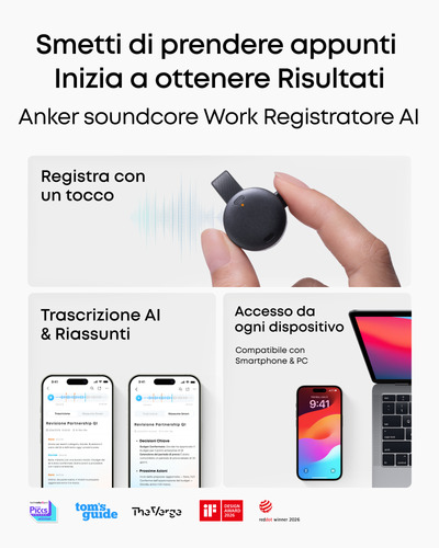 Anker soundcore Work Registratore Vocale AI, per Riunioni, con Trascrizione e Riassunti Automatici con AI, Indossabile, 64