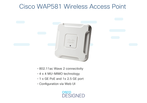 Cisco WAP581. 2,4 GHz, 5 GHz, Taxa máxima de transferência de dados: 2800 Mbit/s. Codificação / segurança: 802.1x RADIUS, 