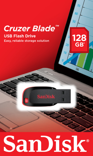 SanDisk Cruzer Blade. Capacidade: 128 GB, Interface de dispositivo: USB Type-A, Versão USB: 2.0. Forma: Sem tampa. Peso: 2