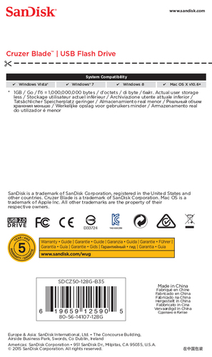 SanDisk Cruzer Blade. Capacidade: 128 GB, Interface de dispositivo: USB Type-A, Versão USB: 2.0. Forma: Sem tampa. Peso: 2
