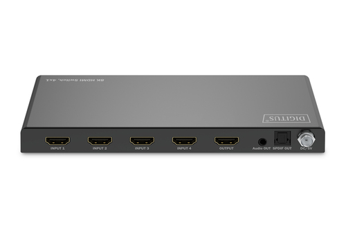 Digitus 8K HDMI Switch, 4x1. Video Porttyp: HDMI, USB-Port-Typ: Mikro-USB. Material: Metall, Produktfarbe: Schwarz, Maxima