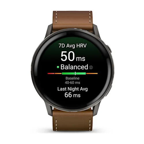 Garmin Venu 4 Smart Watch - Slate Case Color - Black, Brown Band Color - Stainless Steel, Metal Body Material - Fiber Rein