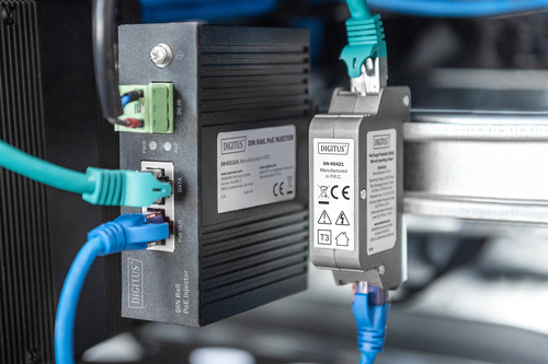 Digitus PoE surge protector (RJ45), DIN rail installation, indoor. Product colour: Grey, Material: Zinc, International Pro