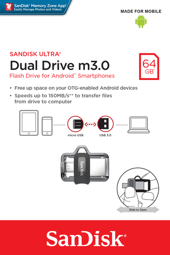SanDisk Ultra Dual m3.0. Capacidade: 64 GB, Interface de dispositivo: USB Type-A / Micro-USB, Versão USB: 3.2 Gen 1 (3.1 G