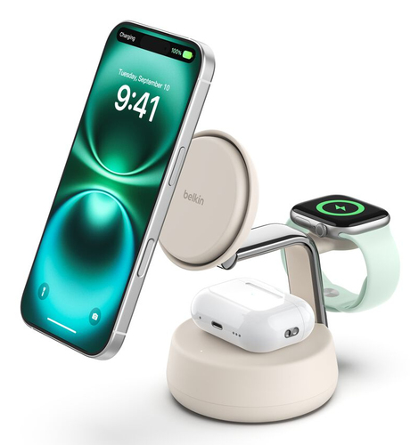 Belkin UltraCharge Pro Induktionsladegerät - Sand - für iPhone, Smartwatch, AirPod, Smartphone, Qi2-fähiges Gerät - Eingan